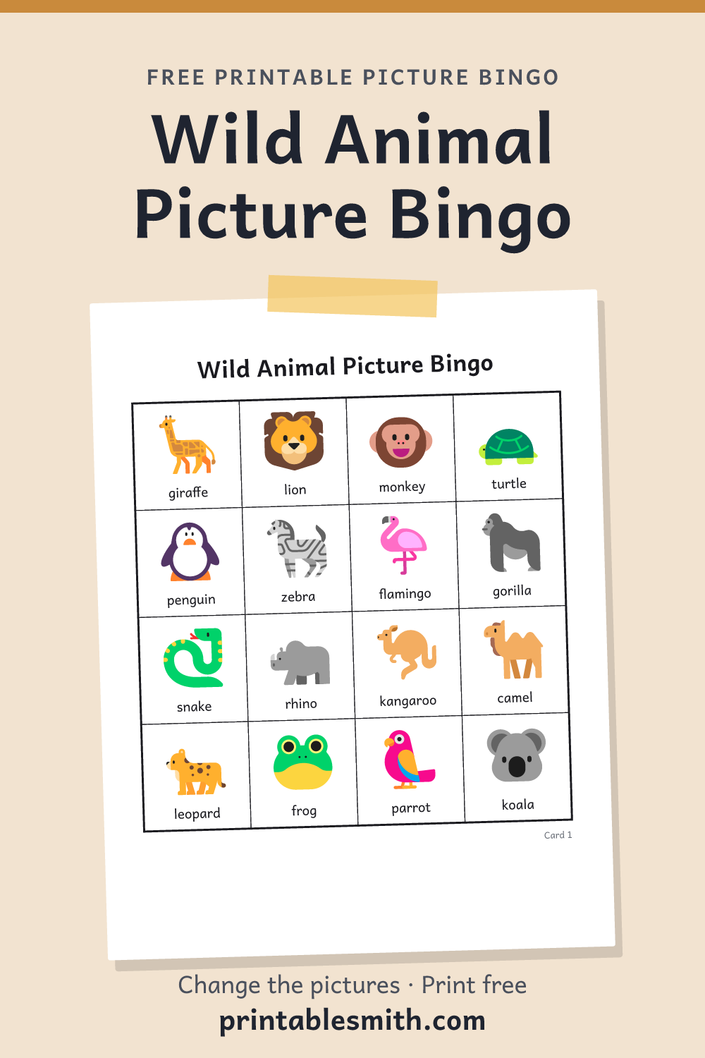 Wild Animal Picture Bingo: printable picture bingo card for children who can’t read yet, from a set with 24 pictures