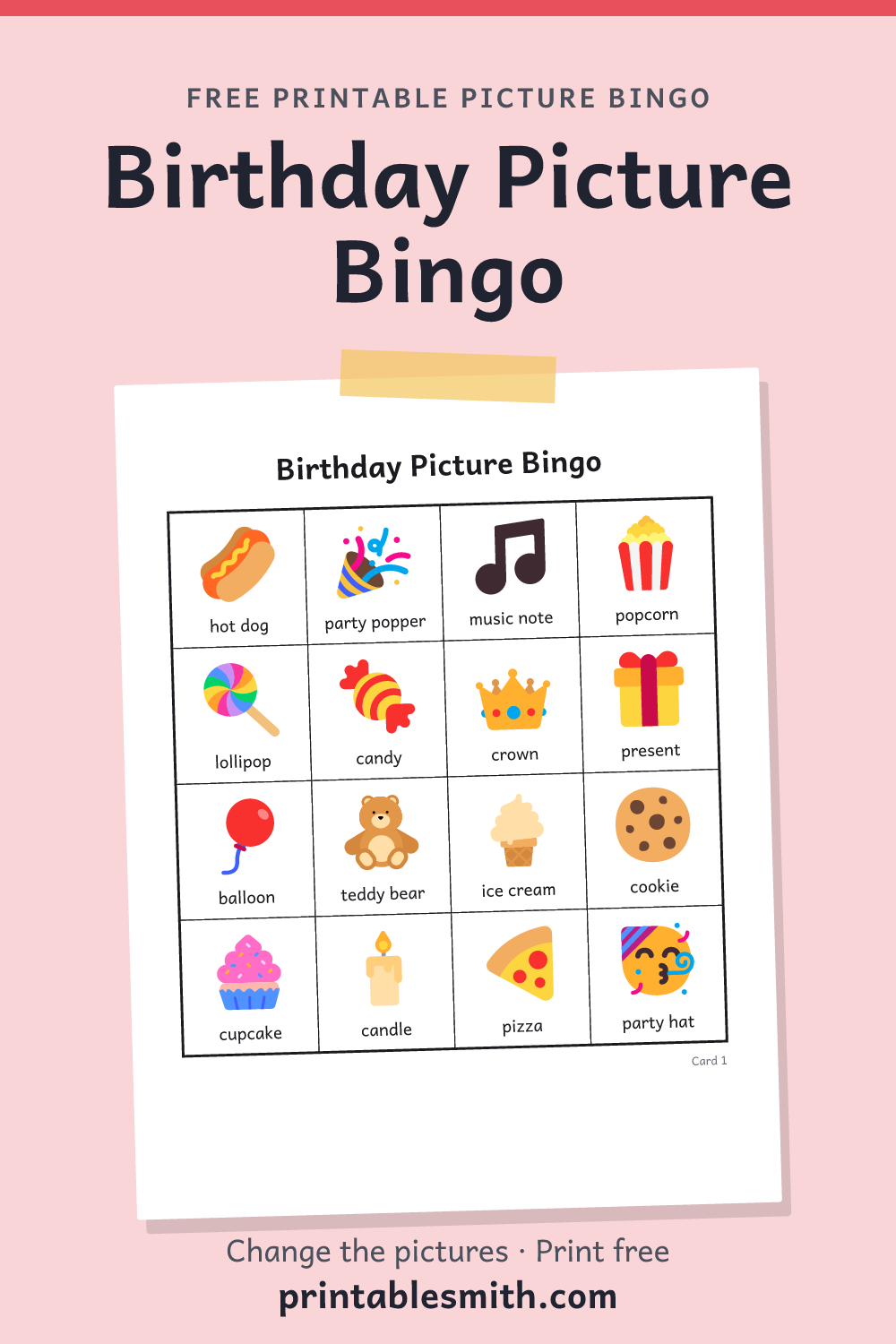 Birthday Picture Bingo: printable picture bingo card for children who can’t read yet, from a set with 20 pictures