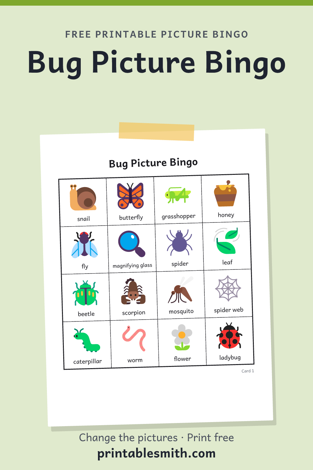 Bug Picture Bingo: printable picture bingo card for children who can’t read yet, from a set with 19 pictures