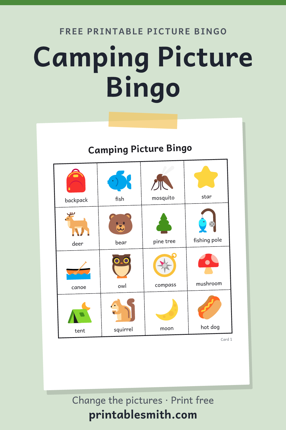 Camping Picture Bingo: printable picture bingo card for children who can’t read yet, from a set with 22 pictures