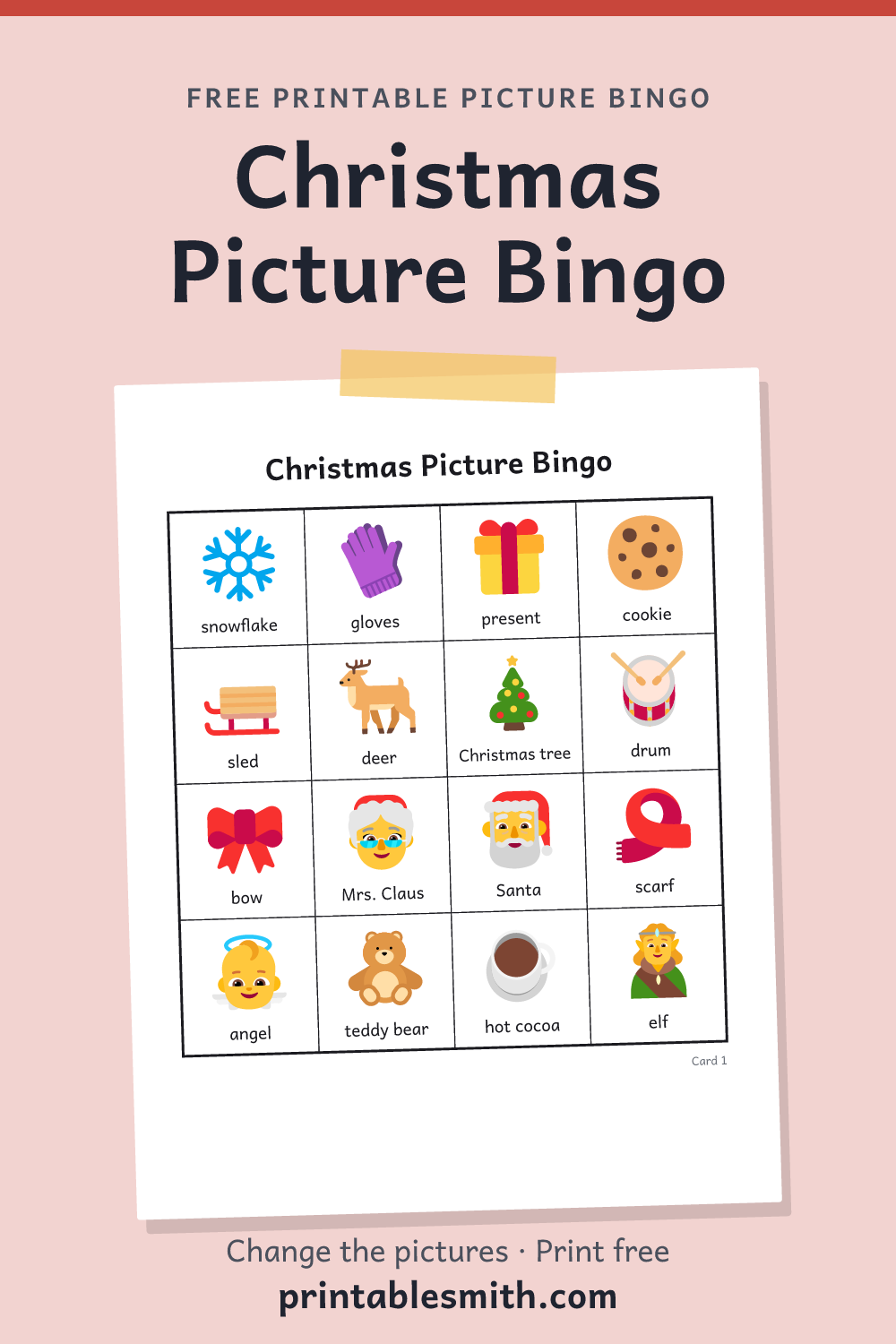 Christmas Picture Bingo: printable picture bingo card for children who can’t read yet, from a set with 20 pictures