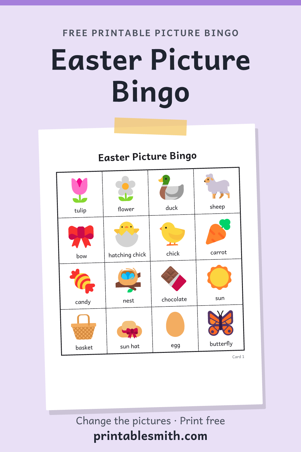 Easter Picture Bingo: printable picture bingo card for children who can’t read yet, from a set with 18 pictures