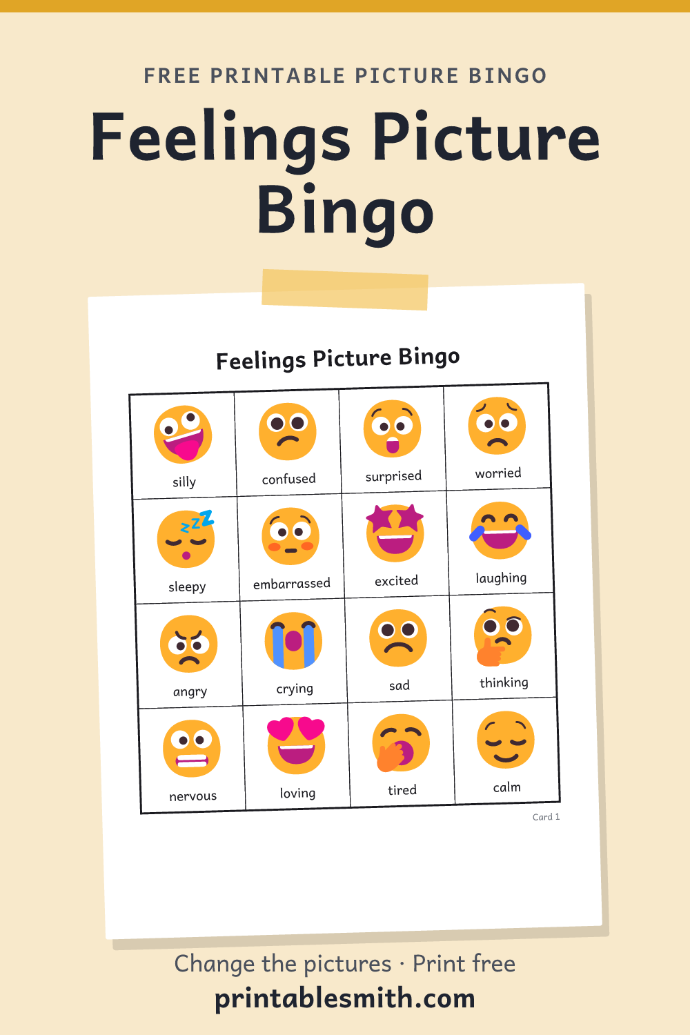 Feelings Picture Bingo: printable picture bingo card for children who can’t read yet, from a set with 20 pictures