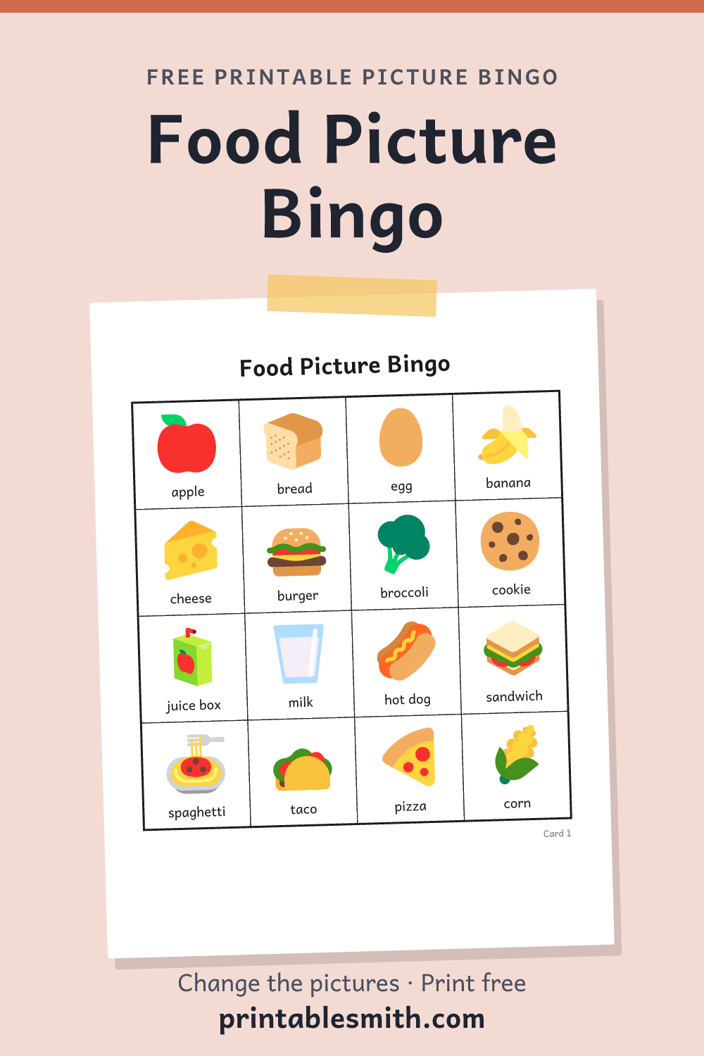 Food Picture Bingo: printable picture bingo card for children who can’t read yet, from a set with 18 pictures