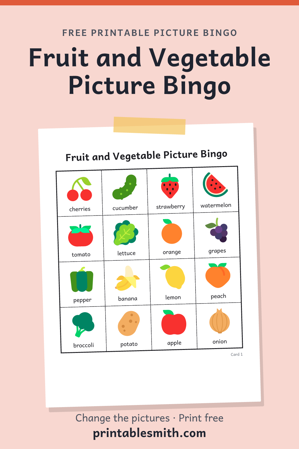 Fruit and Vegetable Picture Bingo: printable picture bingo card for children who can’t read yet, from a set with 24 pictures