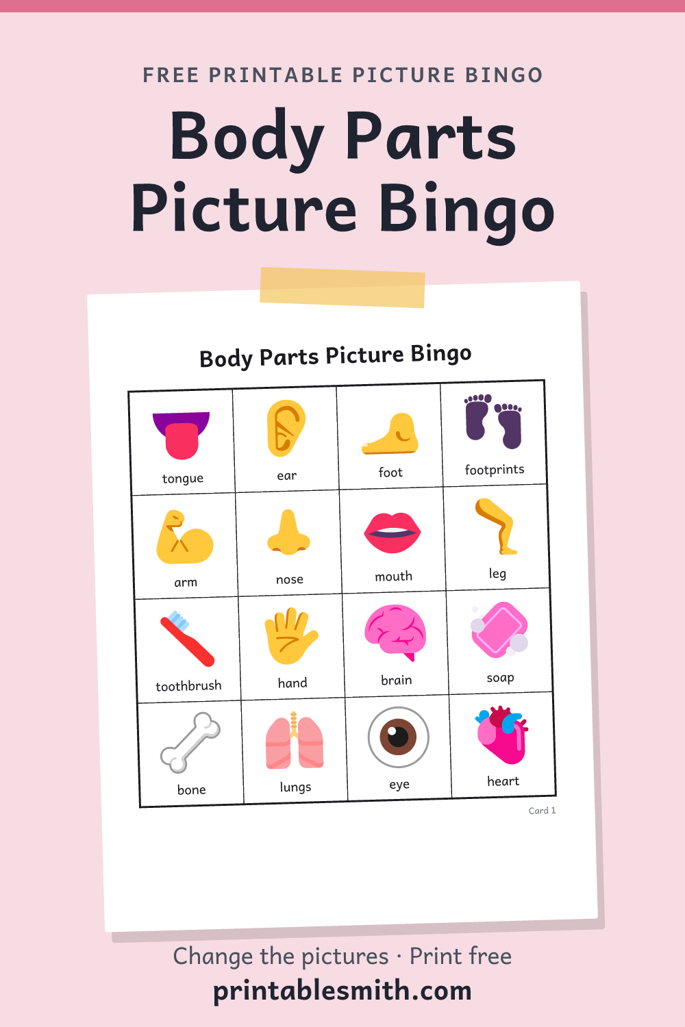 Body Parts Picture Bingo: printable picture bingo card for children who can’t read yet, from a set with 17 pictures