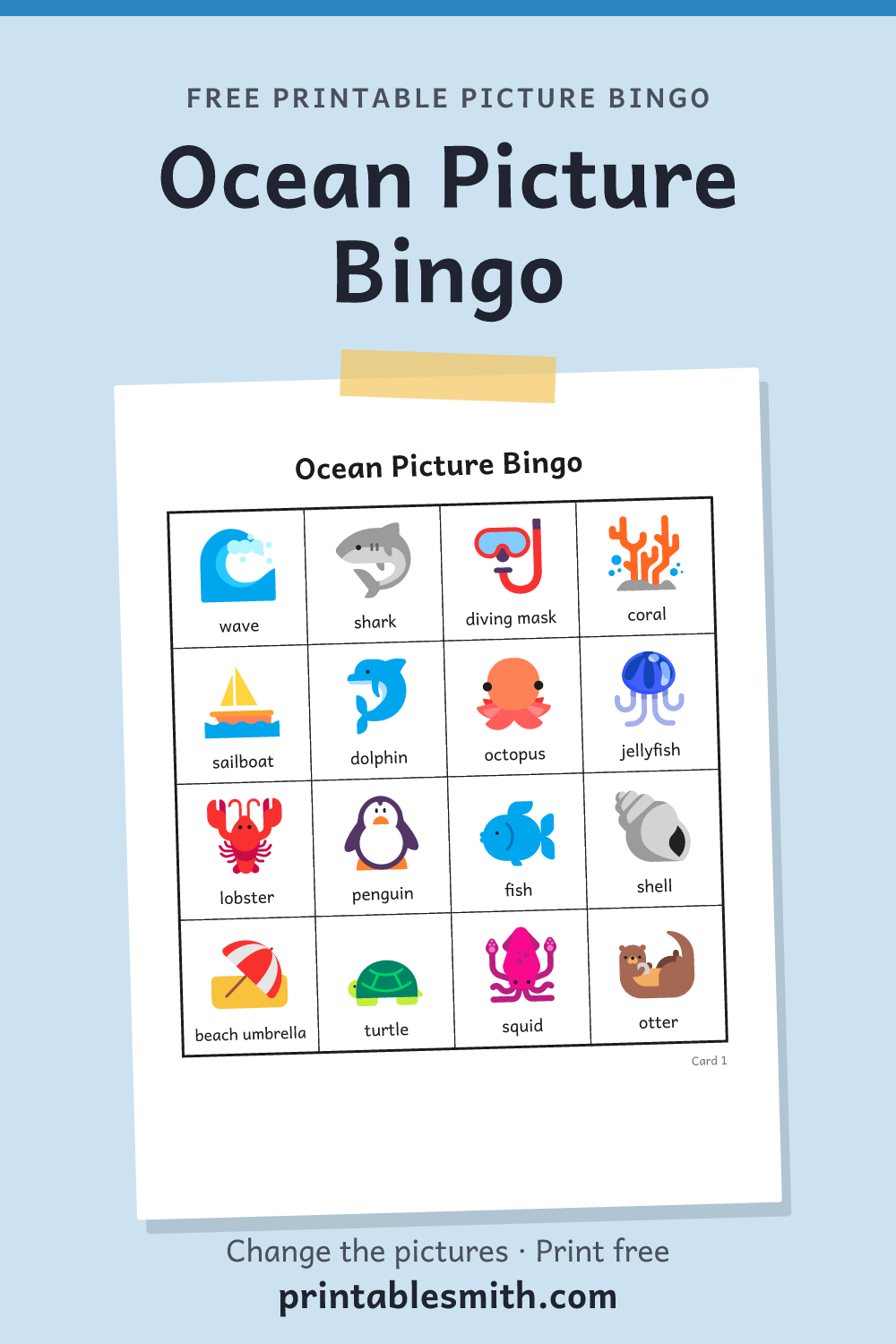 Ocean Picture Bingo: printable picture bingo card for children who can’t read yet, from a set with 24 pictures