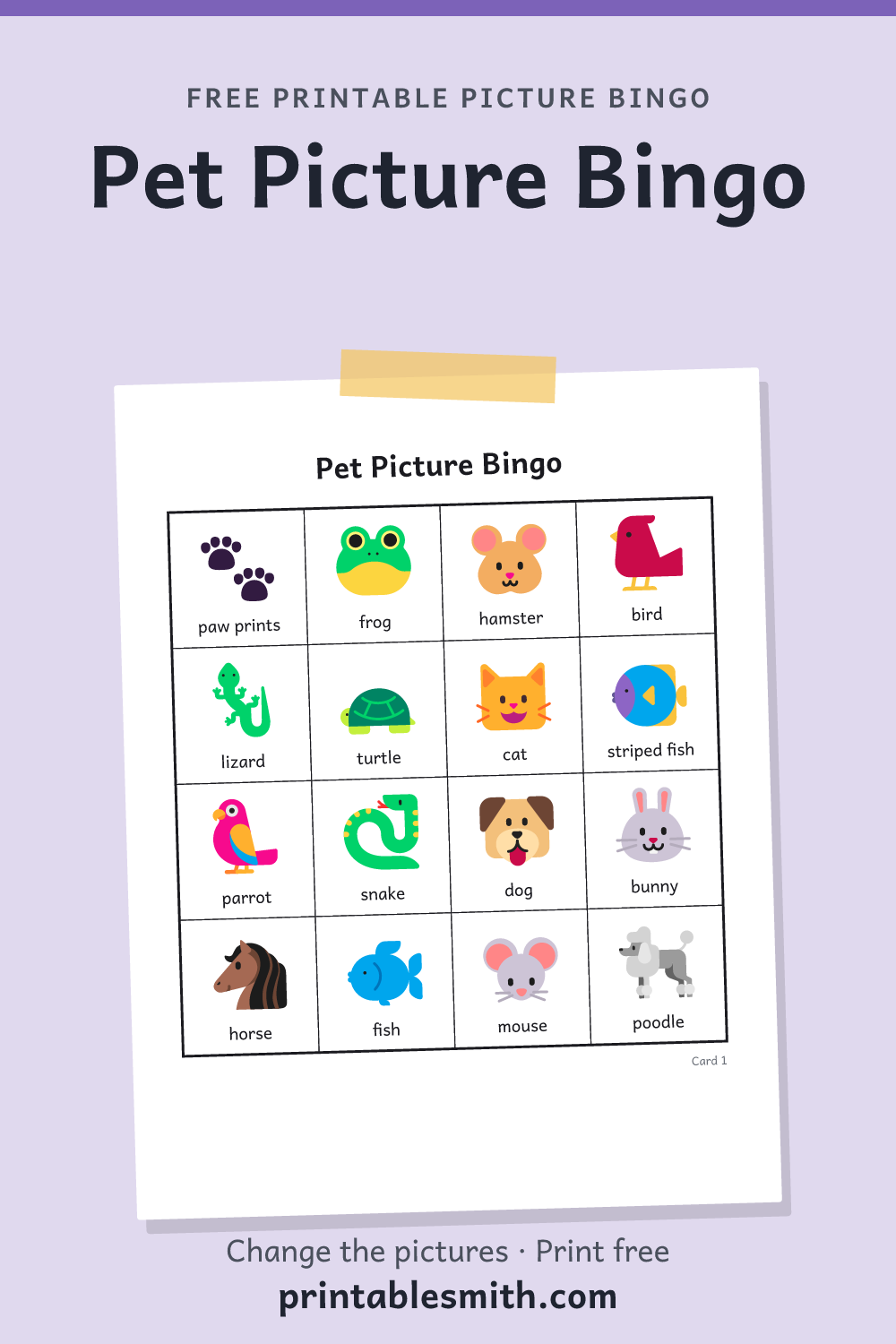 Pet Picture Bingo: printable picture bingo card for children who can’t read yet, from a set with 18 pictures