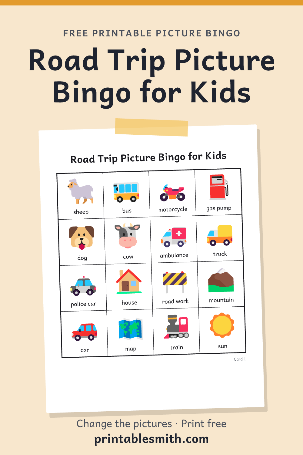 Road Trip Picture Bingo for Kids: printable picture bingo card for children who can’t read yet, from a set with 25 pictures