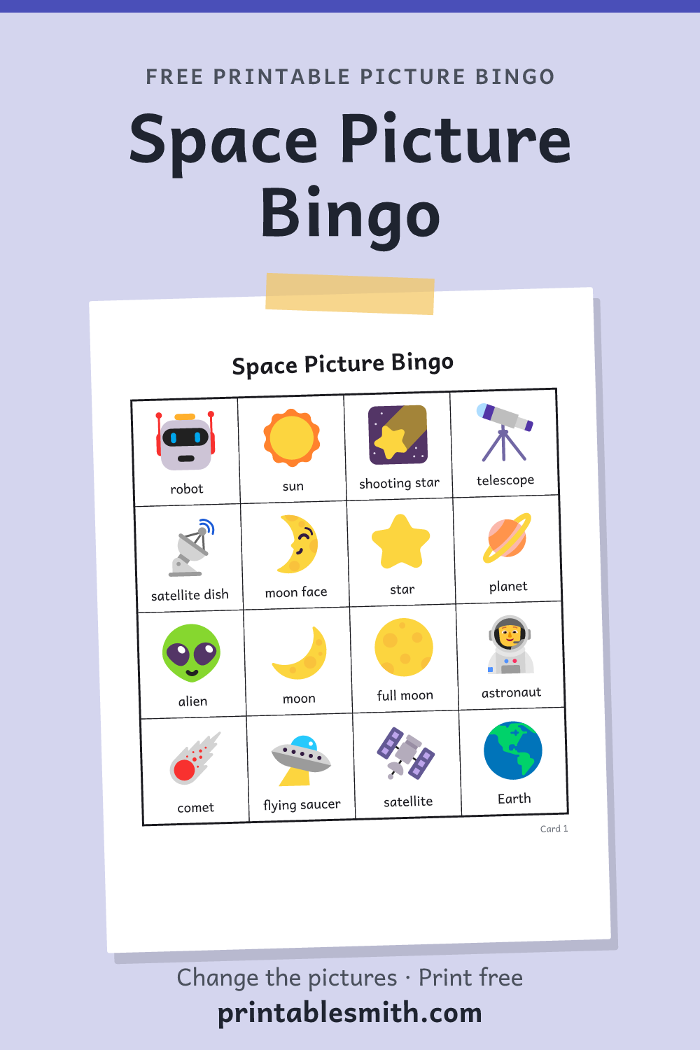 Space Picture Bingo: printable picture bingo card for children who can’t read yet, from a set with 17 pictures
