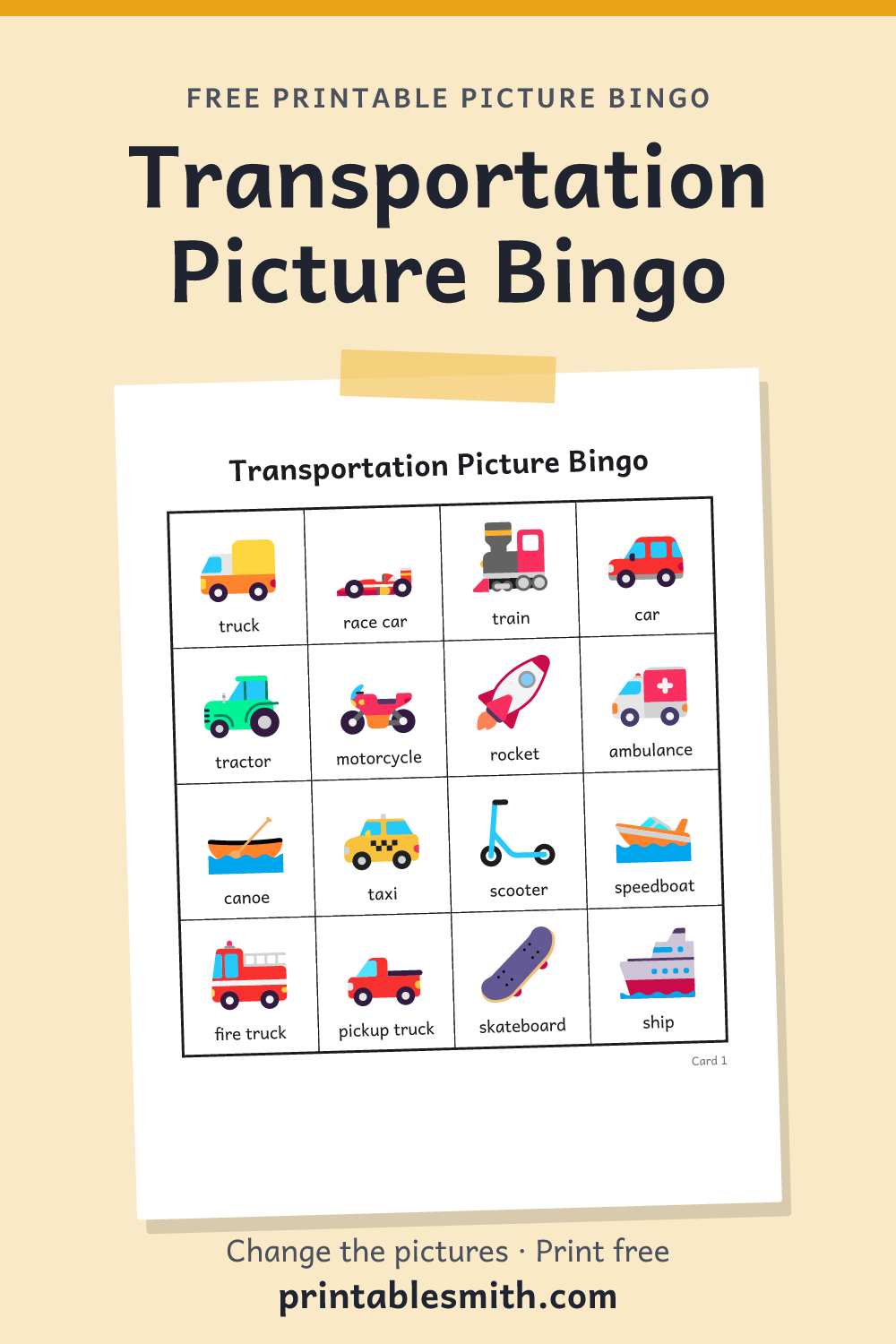 Transportation Picture Bingo: printable picture bingo card for children who can’t read yet, from a set with 22 pictures