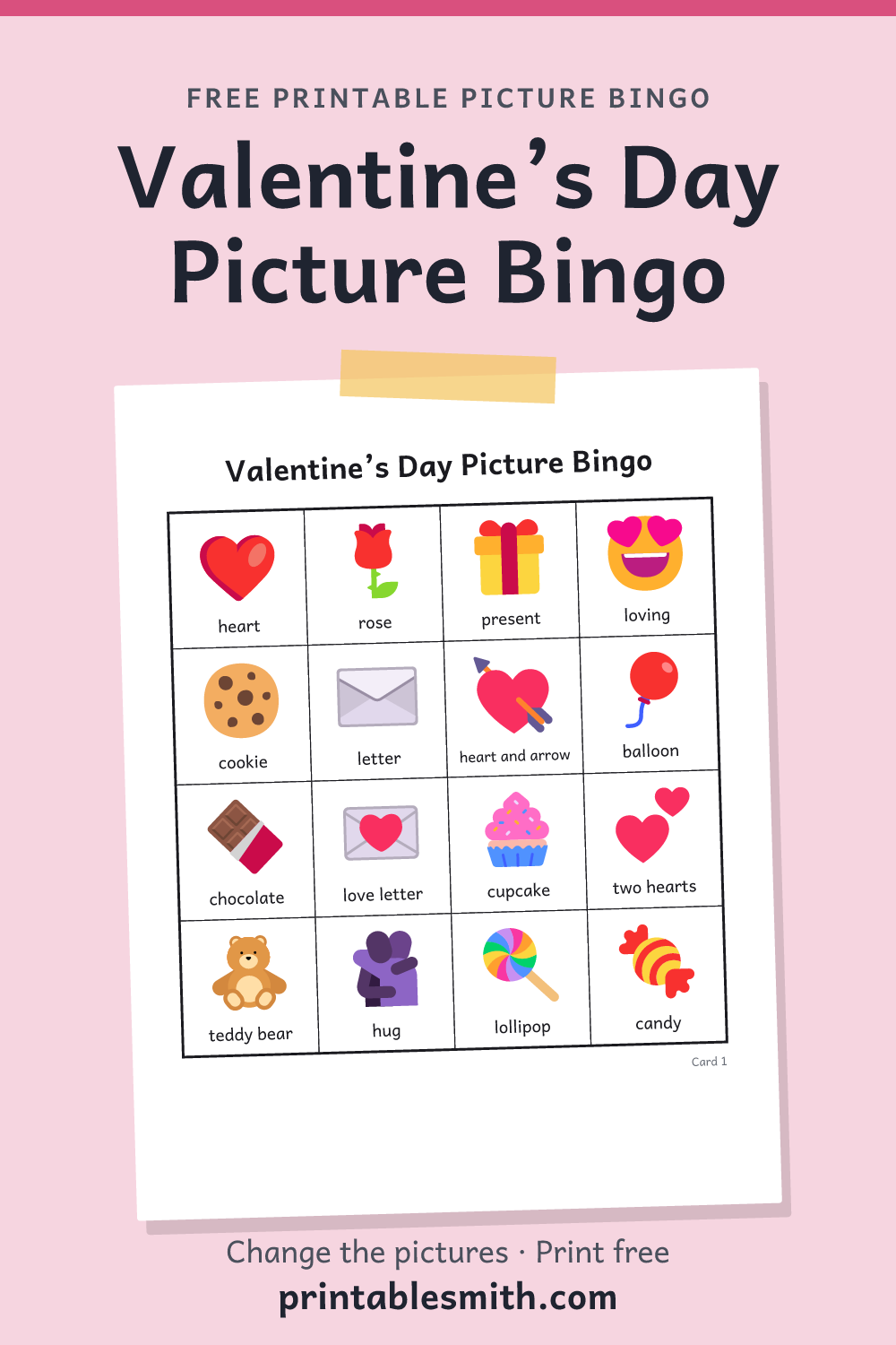 Valentine’s Day Picture Bingo: printable picture bingo card for children who can’t read yet, from a set with 18 pictures