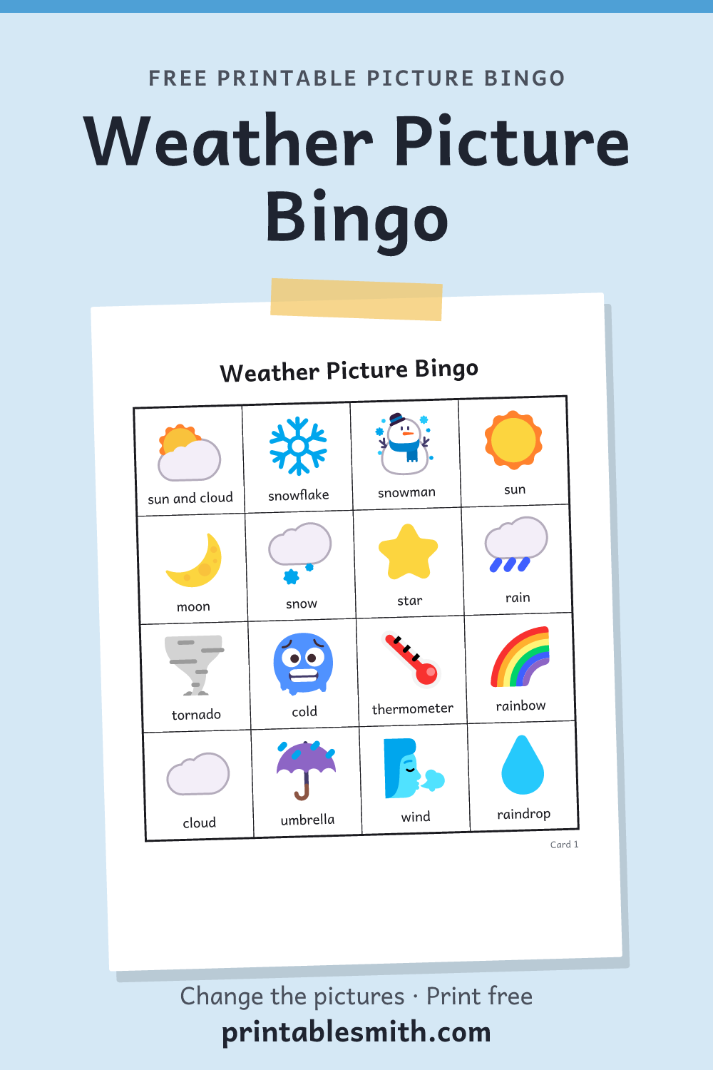 Weather Picture Bingo: printable picture bingo card for children who can’t read yet, from a set with 18 pictures