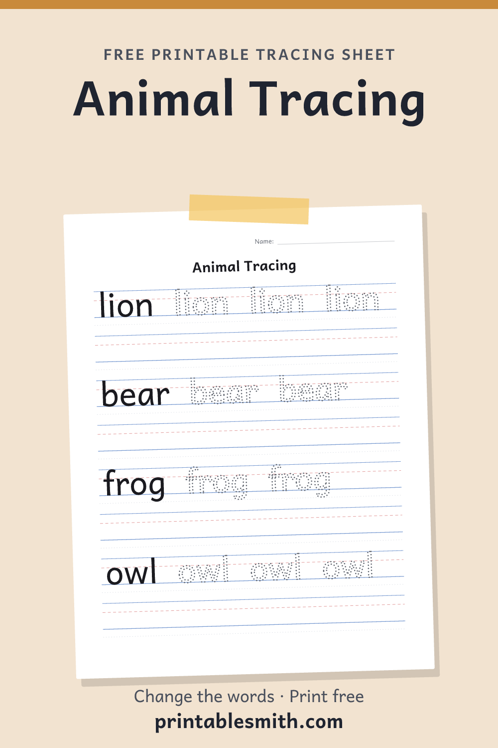 Animal Tracing: printable worksheet with 4 words to trace on handwriting lines