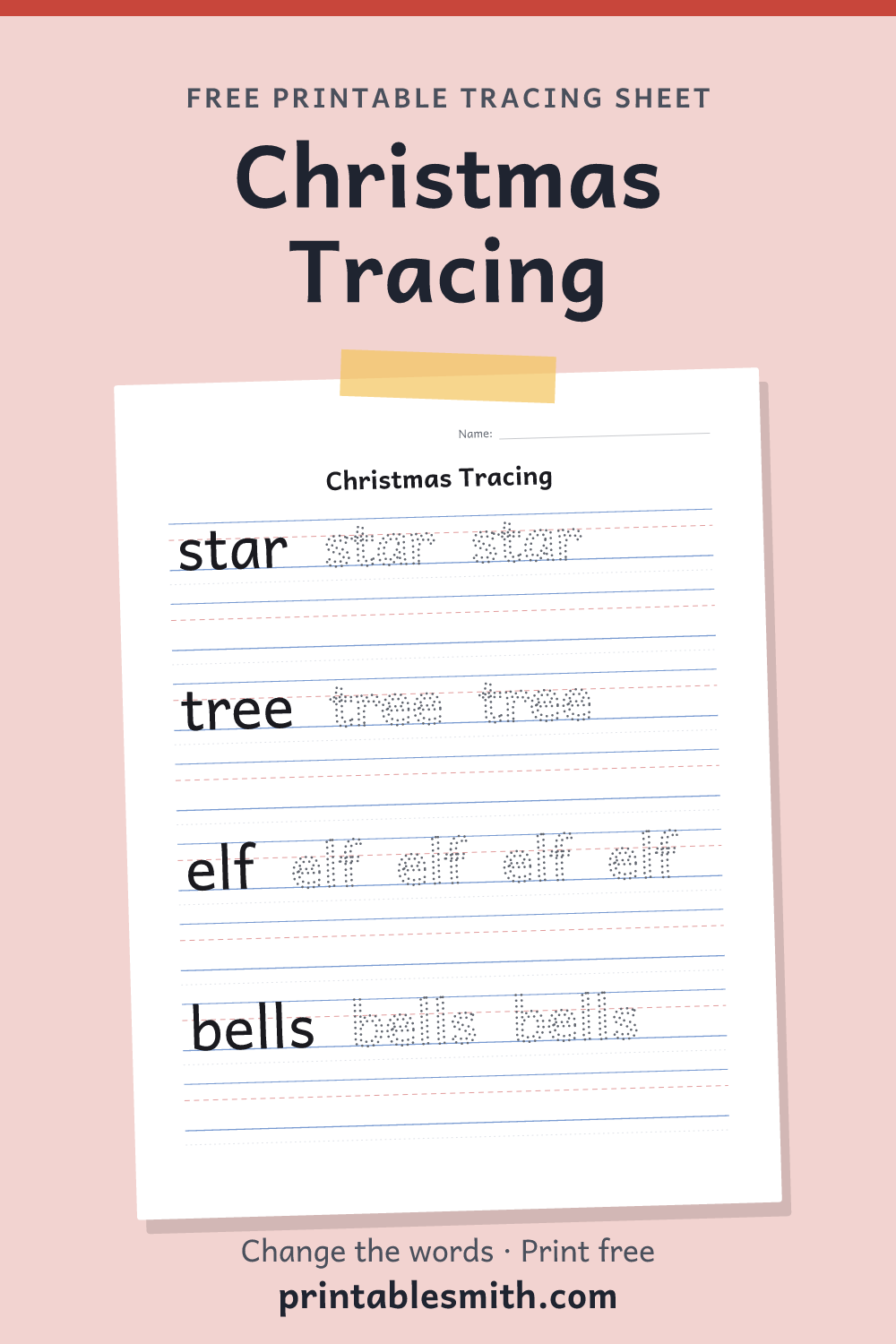 Christmas Tracing: printable worksheet with 4 words to trace on handwriting lines