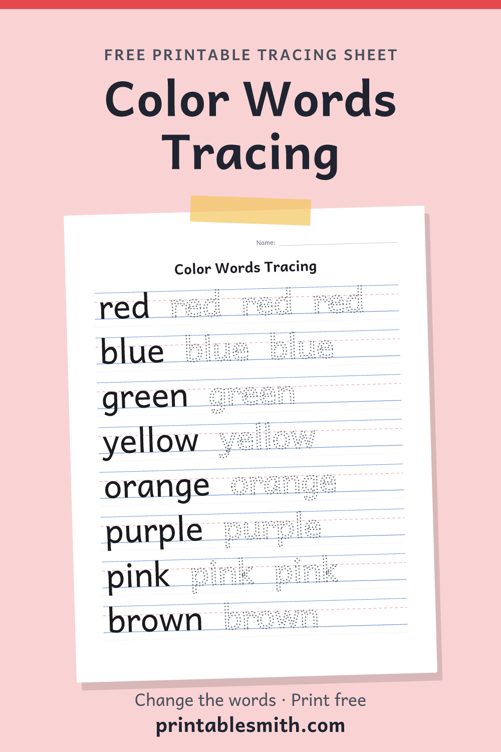 Color Words Tracing: printable worksheet with 8 words to trace on handwriting lines