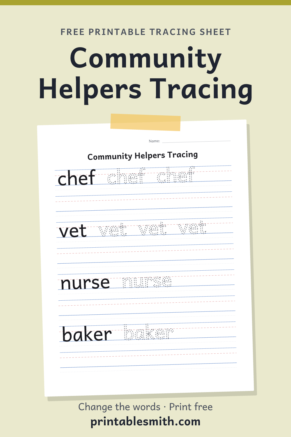 Community Helpers Tracing: printable worksheet with 4 words to trace on handwriting lines