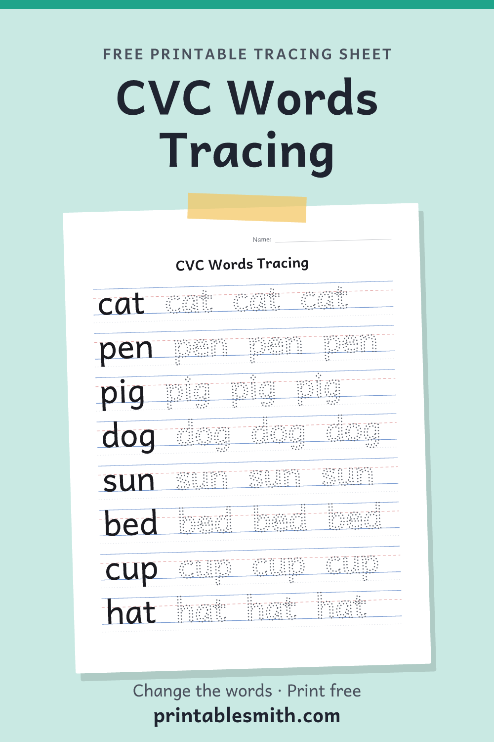 CVC Words Tracing: printable worksheet with 8 words to trace on handwriting lines