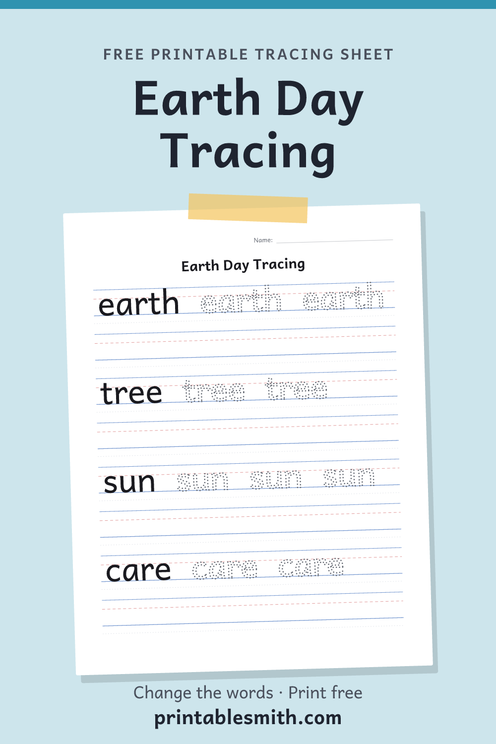 Earth Day Tracing: printable worksheet with 4 words to trace on handwriting lines