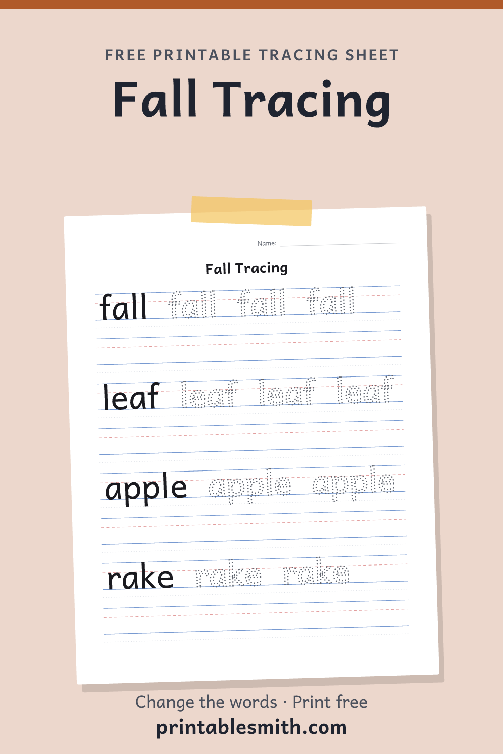 Fall Tracing: printable worksheet with 4 words to trace on handwriting lines