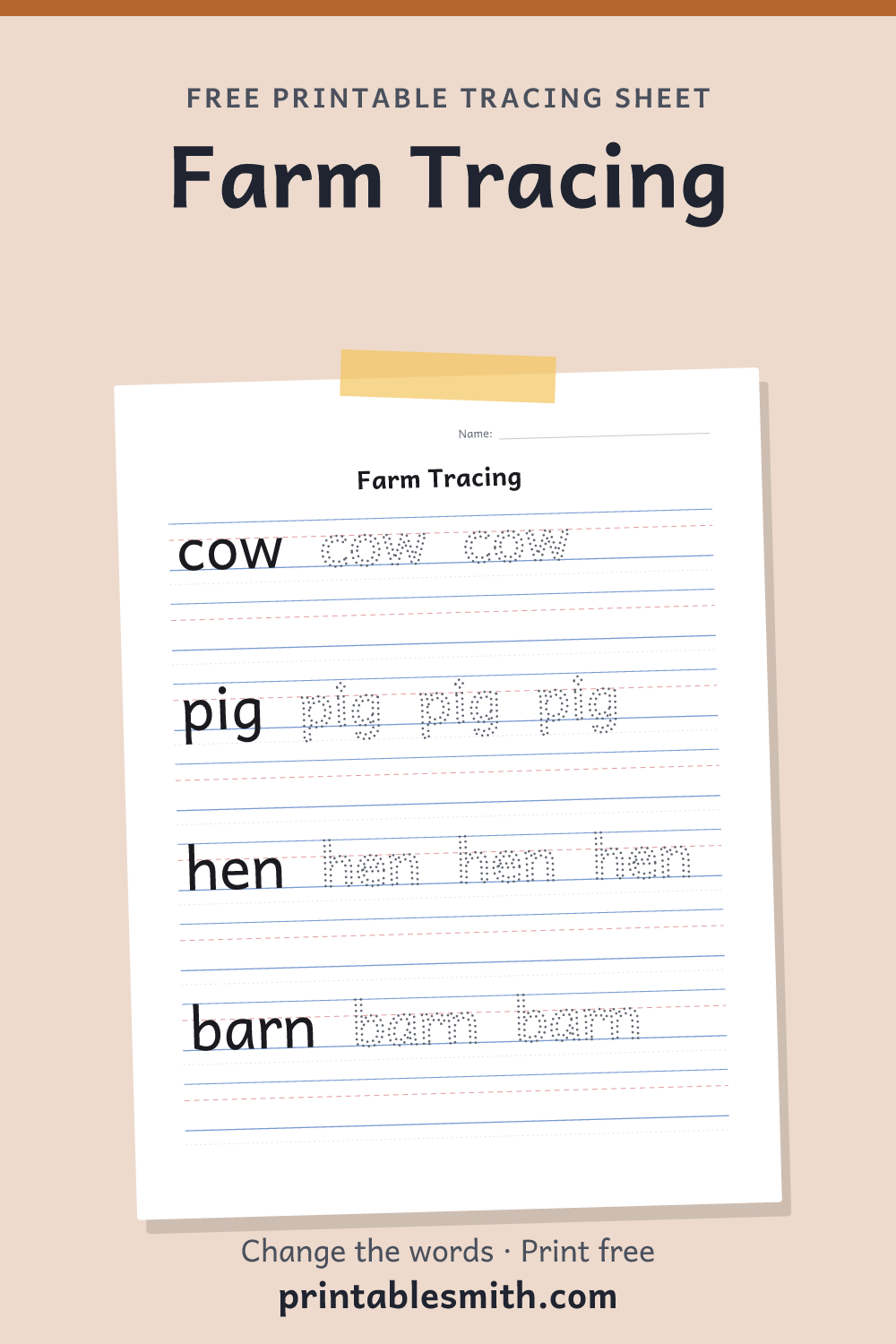 Farm Tracing: printable worksheet with 4 words to trace on handwriting lines