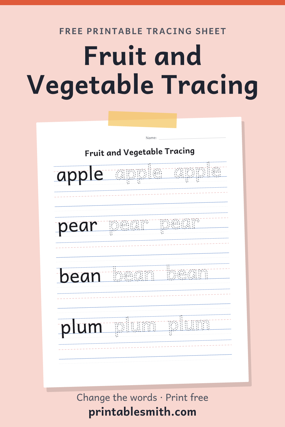 Fruit and Vegetable Tracing: printable worksheet with 4 words to trace on handwriting lines