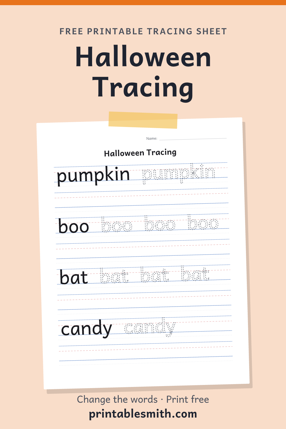 Halloween Tracing: printable worksheet with 4 words to trace on handwriting lines