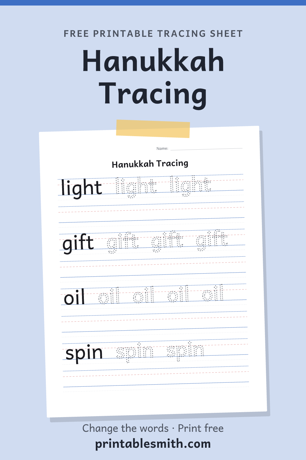 Hanukkah Tracing: printable worksheet with 4 words to trace on handwriting lines