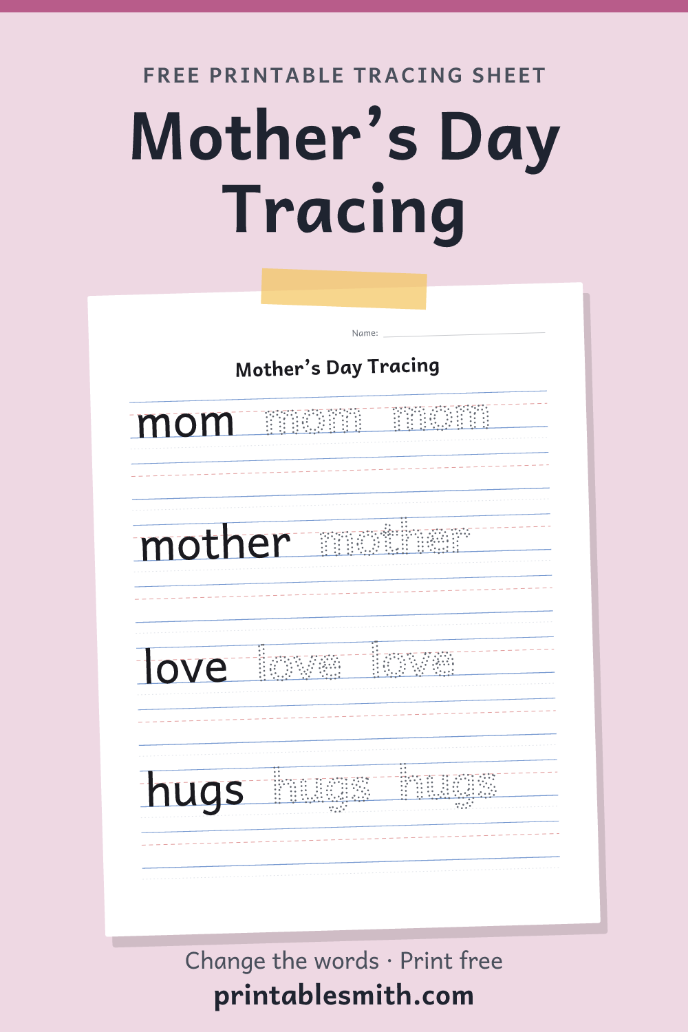 Mother’s Day Tracing: printable worksheet with 4 words to trace on handwriting lines
