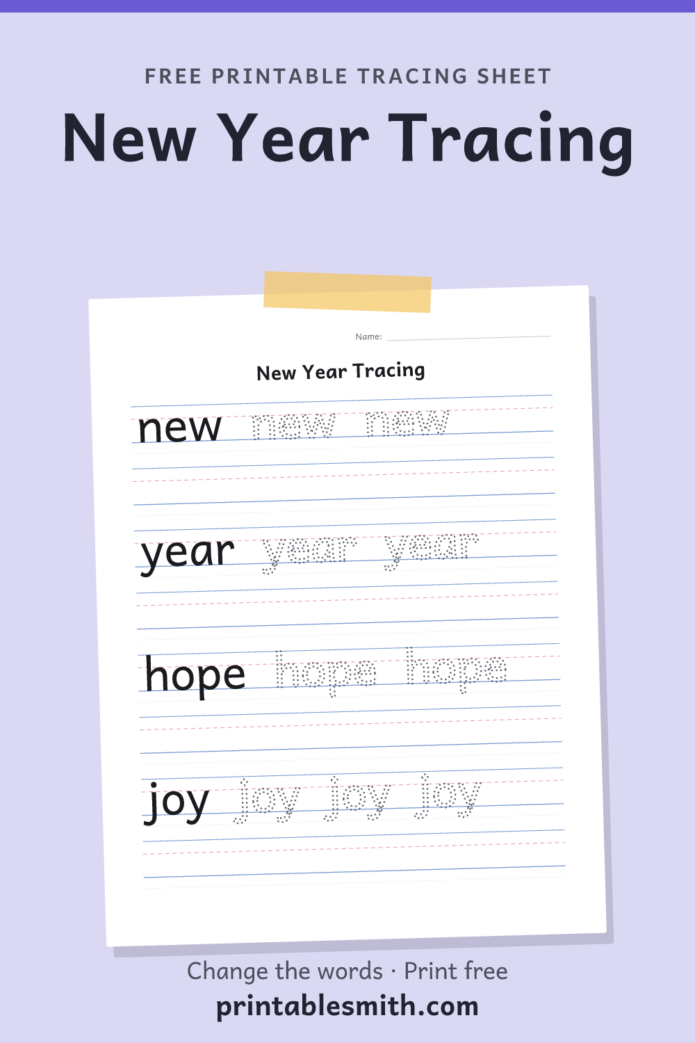 New Year Tracing: printable worksheet with 4 words to trace on handwriting lines