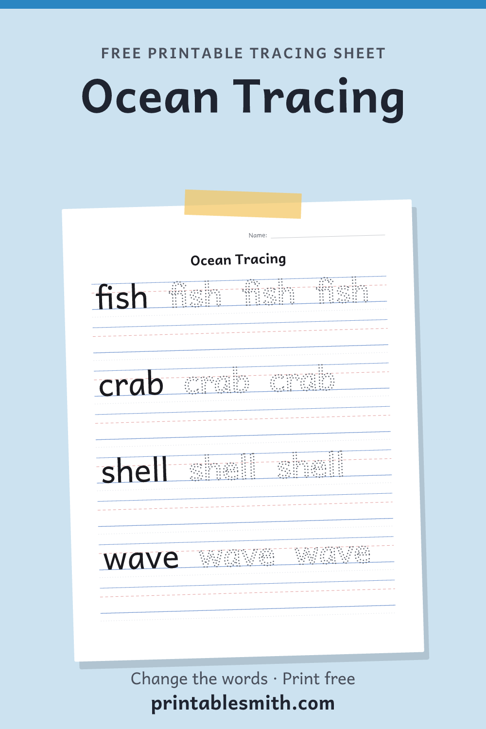 Ocean Tracing: printable worksheet with 4 words to trace on handwriting lines