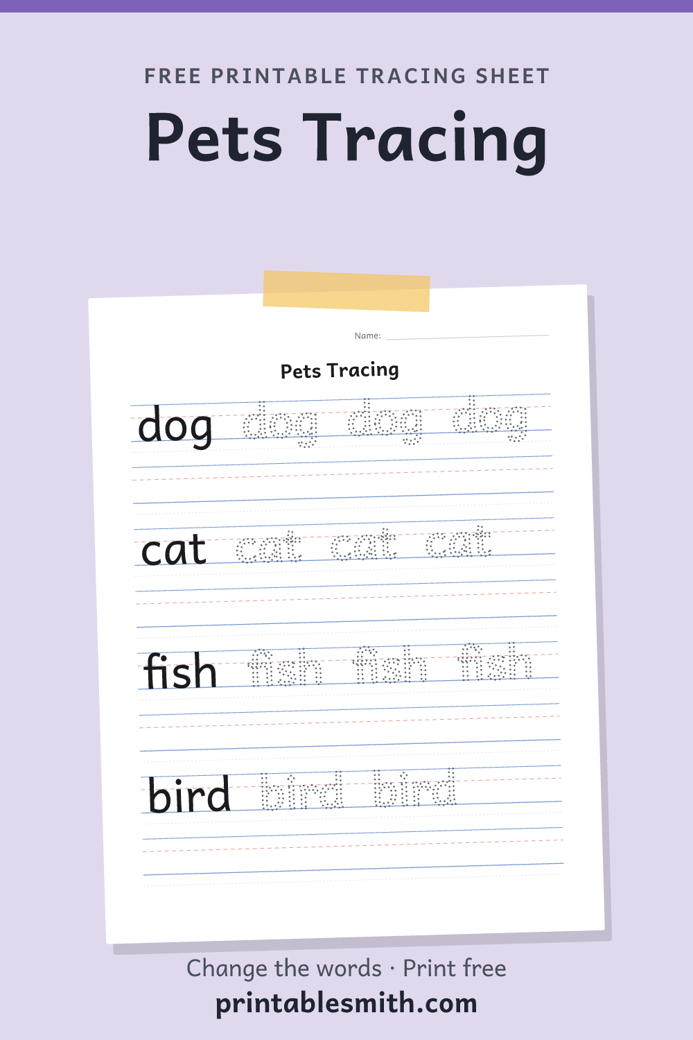 Pets Tracing: printable worksheet with 4 words to trace on handwriting lines
