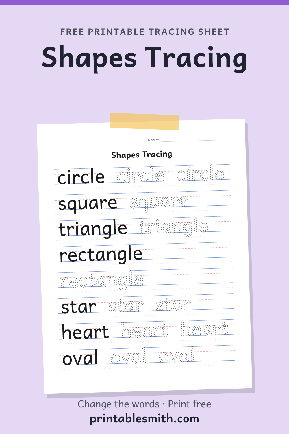 Shapes Tracing: printable worksheet with 7 words to trace on handwriting lines