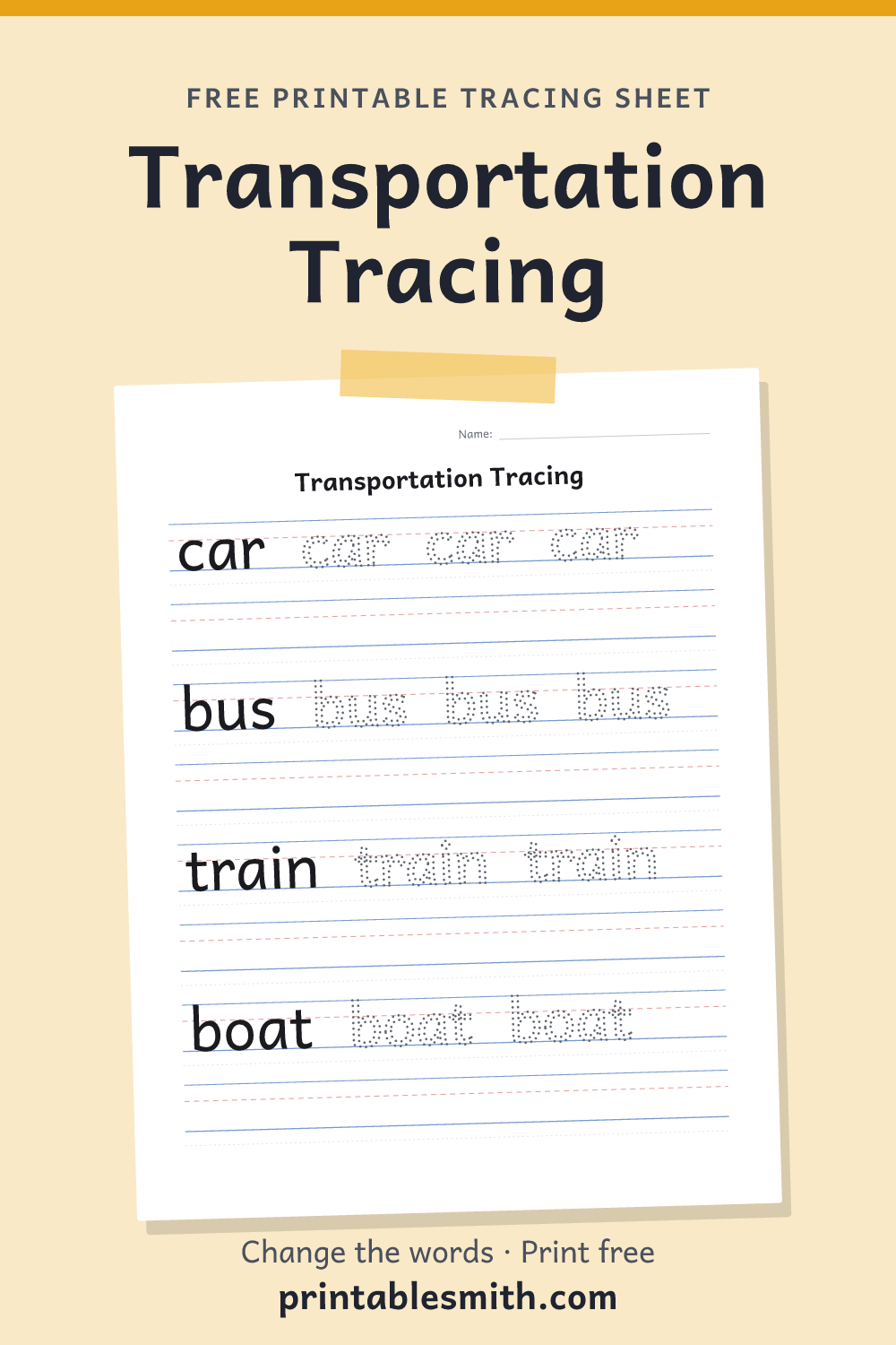 Transportation Tracing: printable worksheet with 4 words to trace on handwriting lines