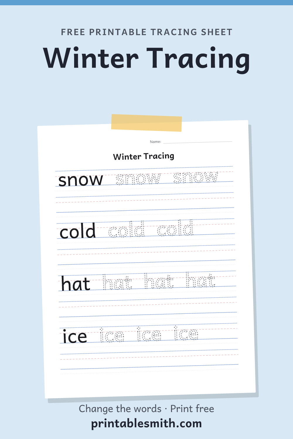 Winter Tracing: printable worksheet with 4 words to trace on handwriting lines