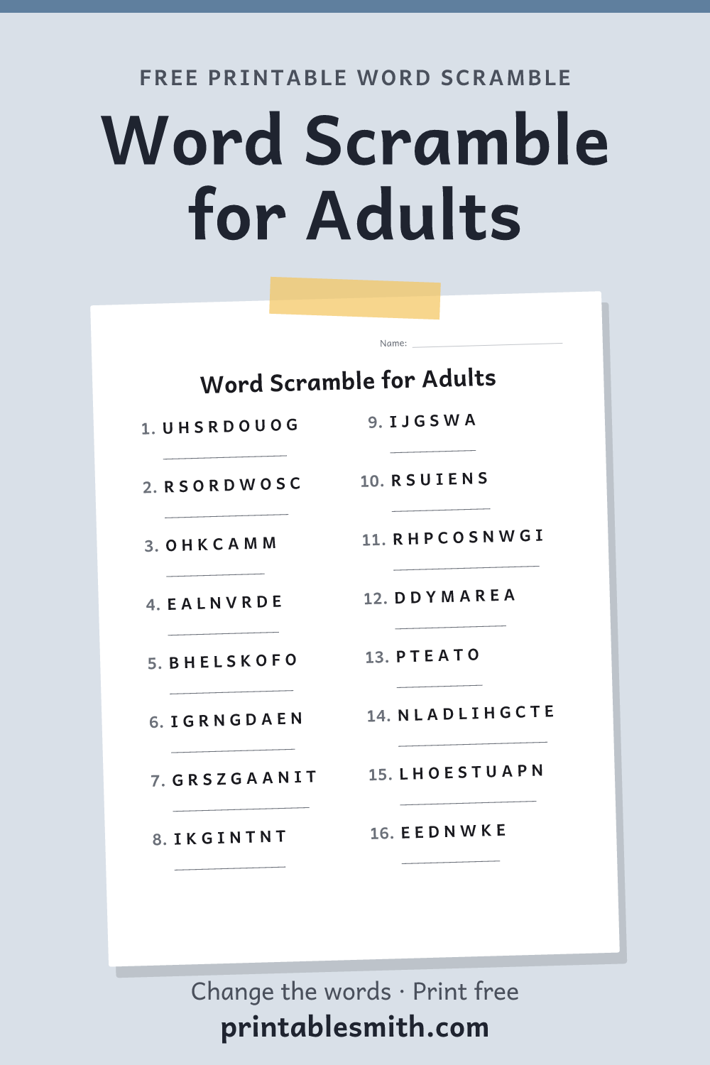 Word Scramble for Adults: printable worksheet with 16 scrambled words to solve, from a free word scramble maker