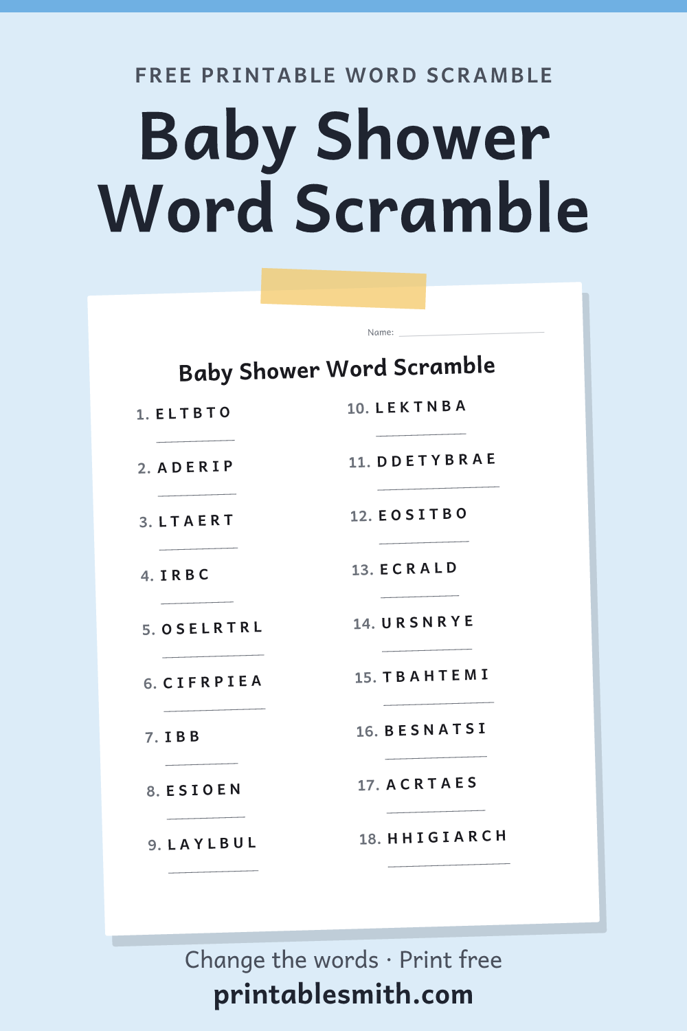 Baby Shower Word Scramble: printable worksheet with 18 scrambled words to solve, from a free word scramble maker
