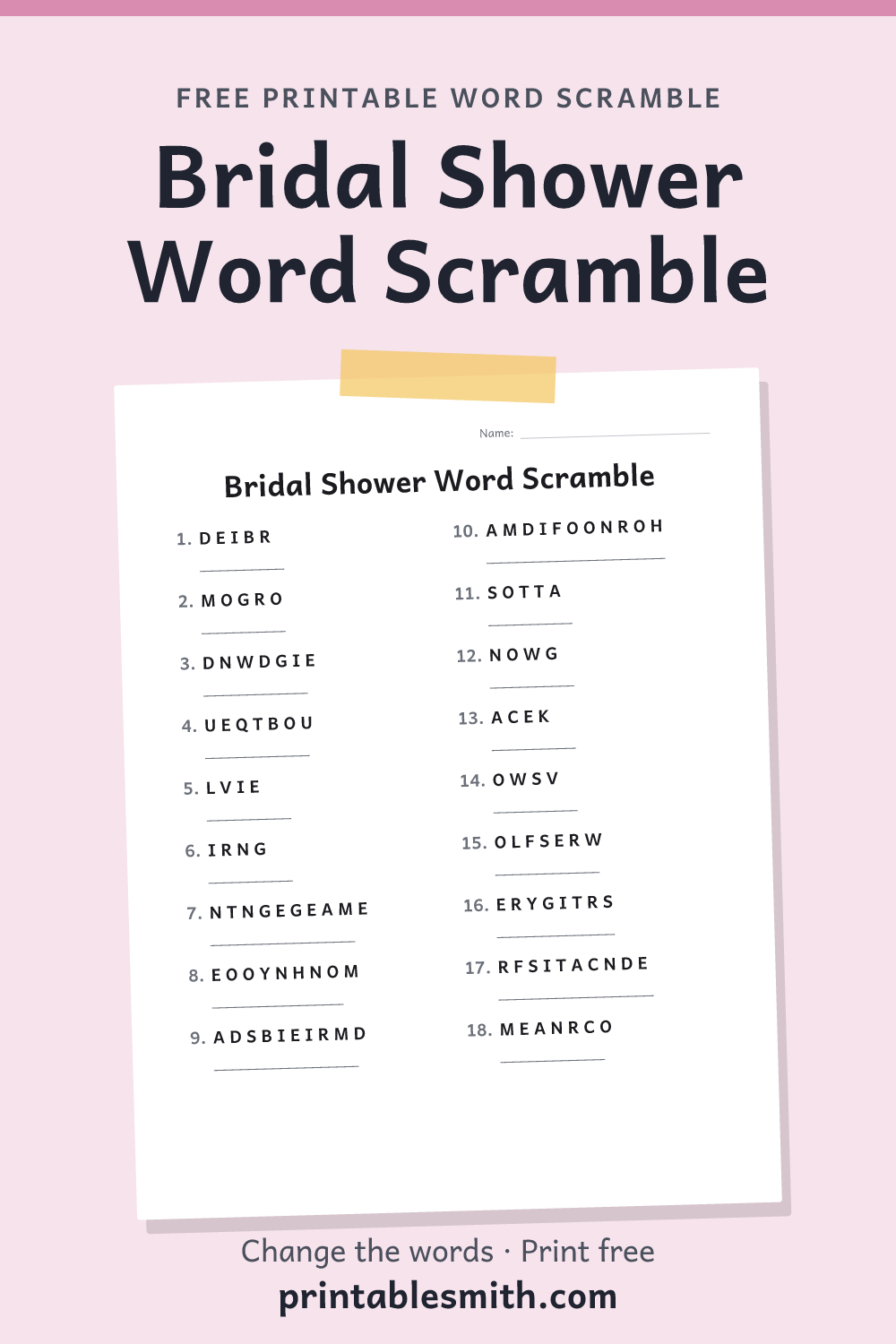 Bridal Shower Word Scramble: printable worksheet with 18 scrambled words to solve, from a free word scramble maker