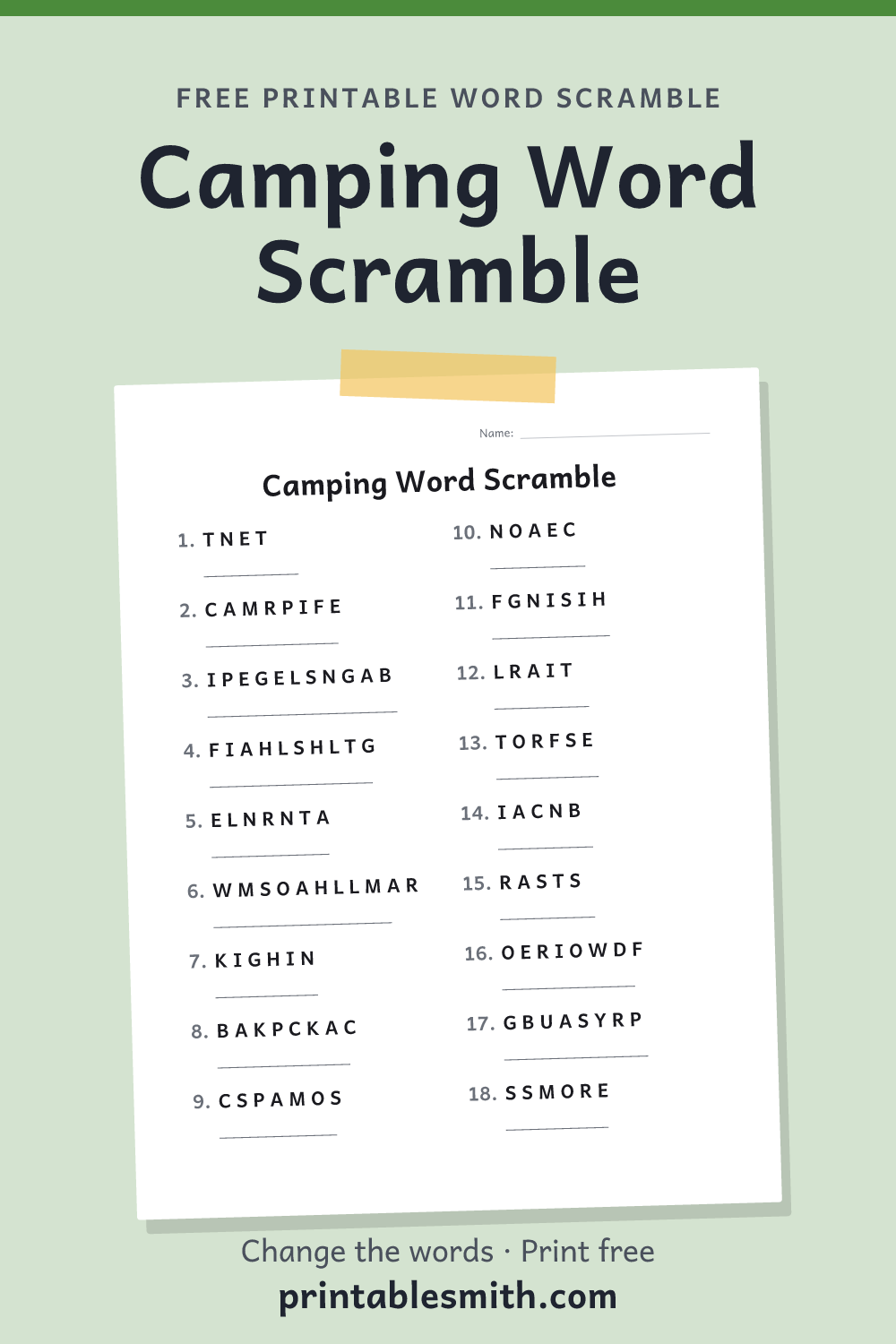 Camping Word Scramble: printable worksheet with 18 scrambled words to solve, from a free word scramble maker