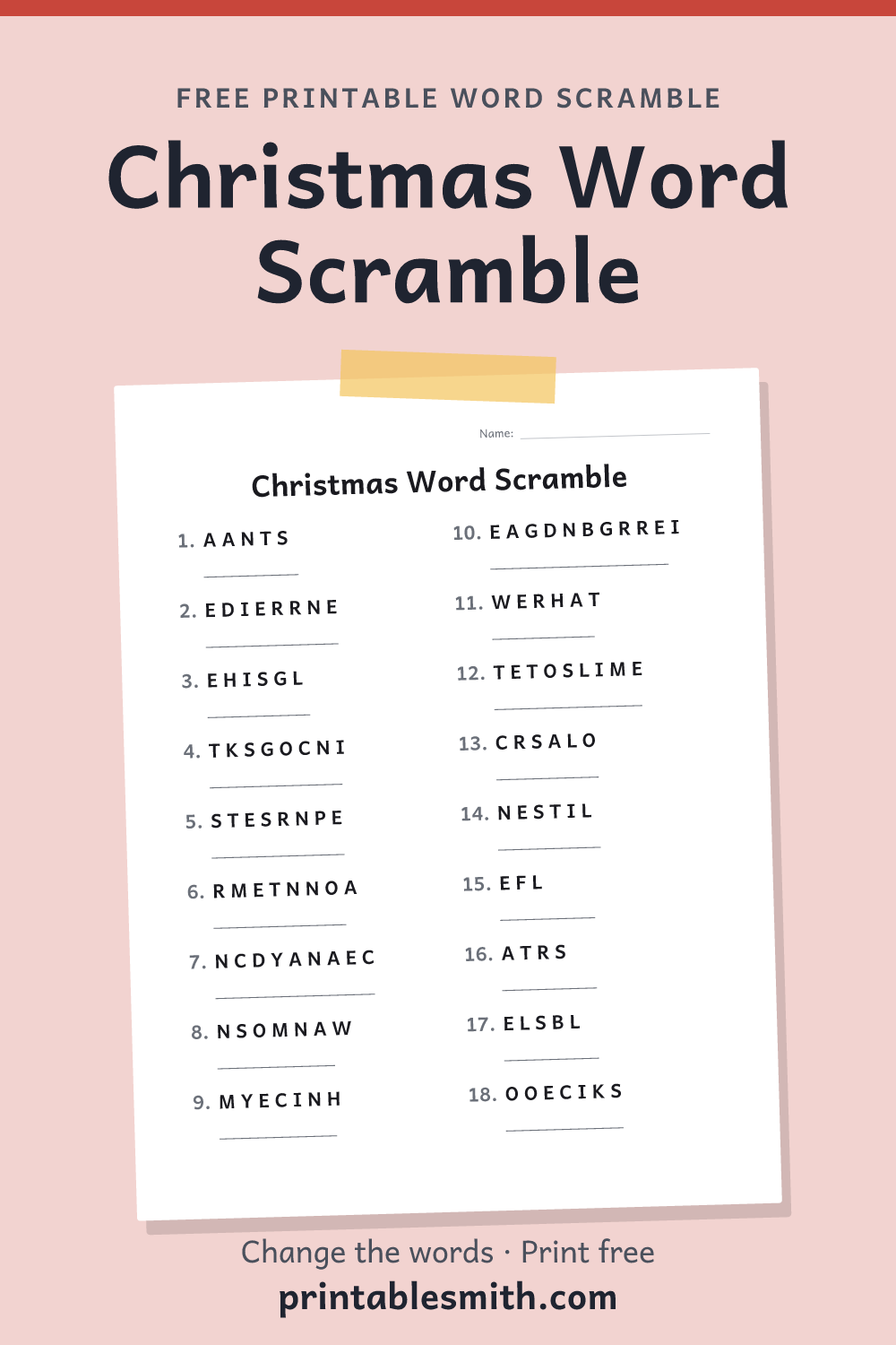 Christmas Word Scramble: printable worksheet with 18 scrambled words to solve, from a free word scramble maker