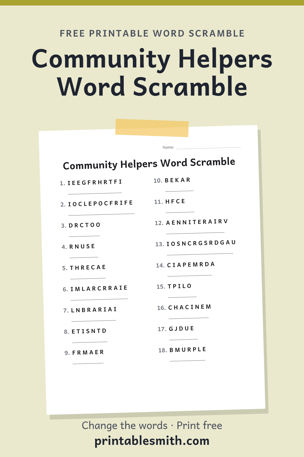 Community Helpers Word Scramble: printable worksheet with 18 scrambled words to solve, from a free word scramble maker