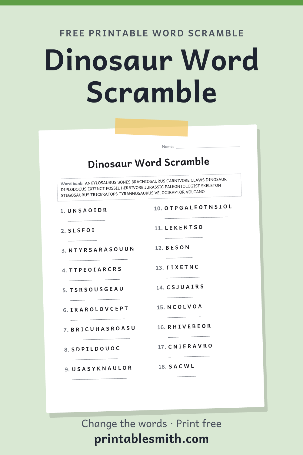 Dinosaur Word Scramble: printable worksheet with 18 scrambled words to solve, from a free word scramble maker