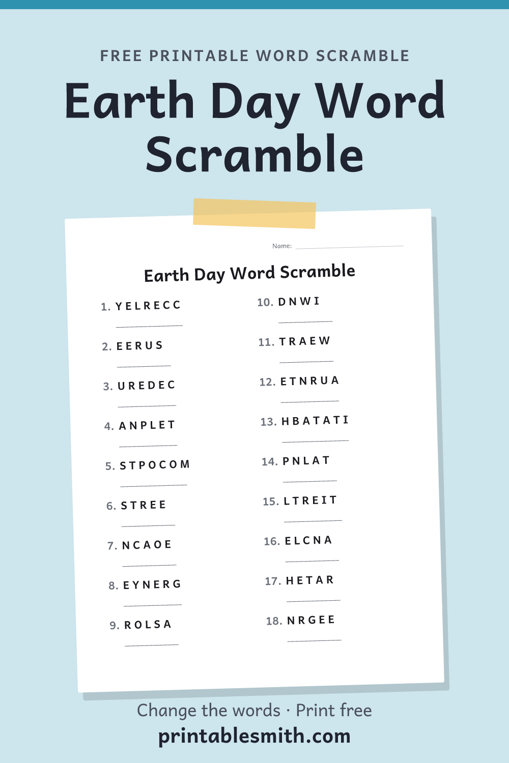 Earth Day Word Scramble: printable worksheet with 18 scrambled words to solve, from a free word scramble maker