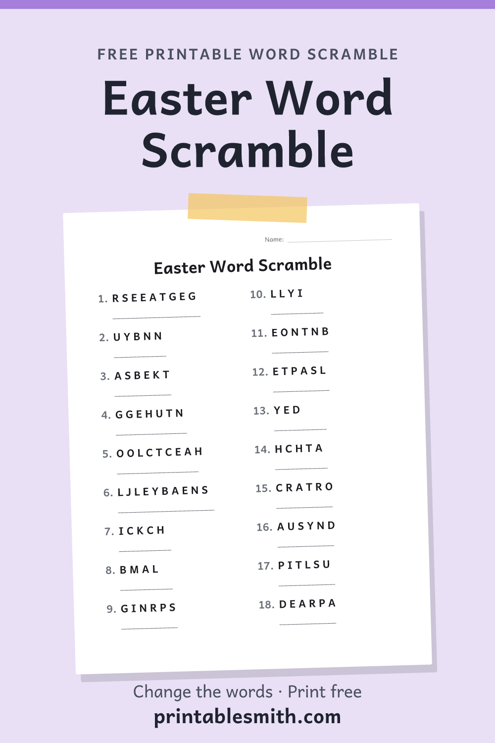 Easter Word Scramble: printable worksheet with 18 scrambled words to solve, from a free word scramble maker