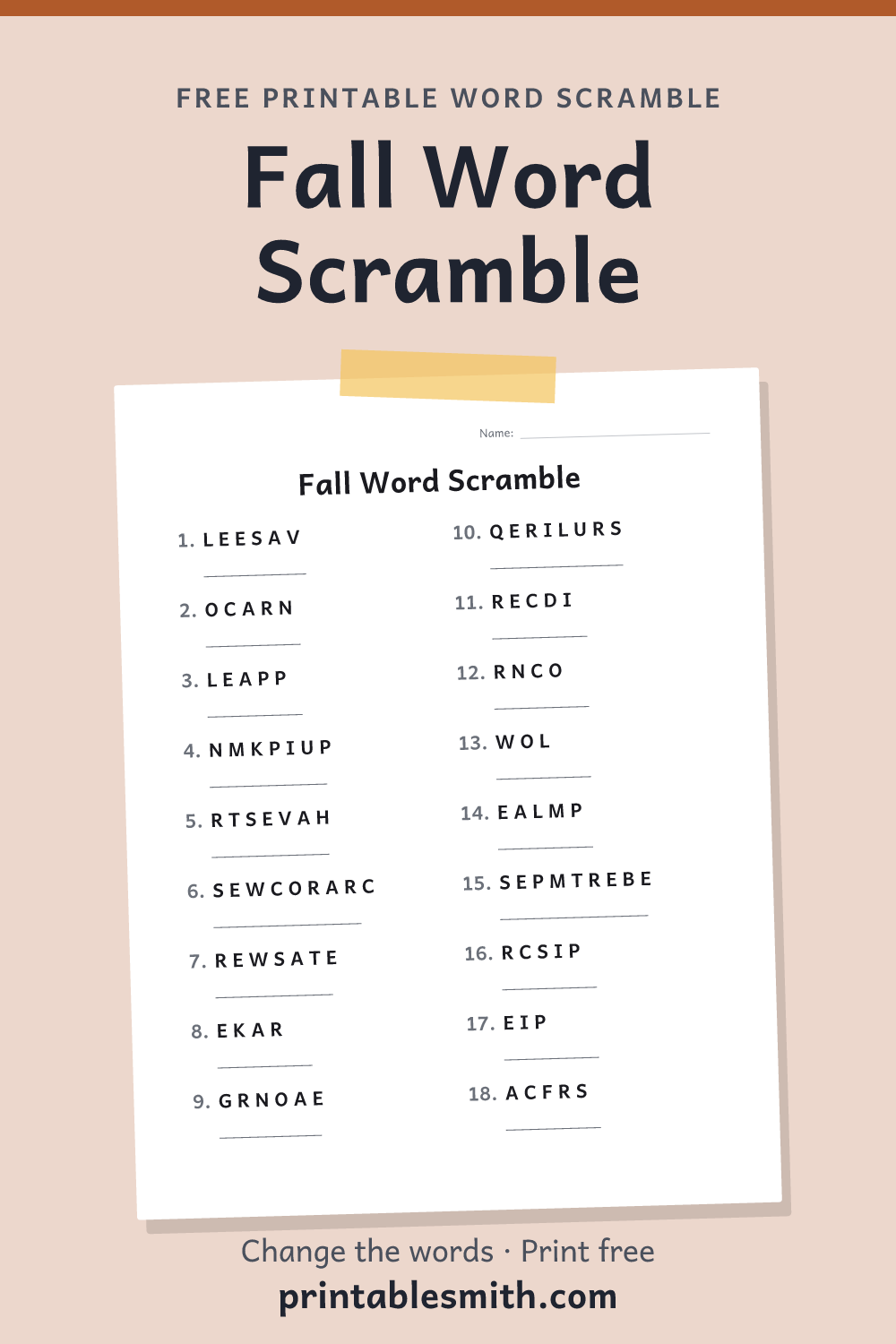 Fall Word Scramble: printable worksheet with 18 scrambled words to solve, from a free word scramble maker