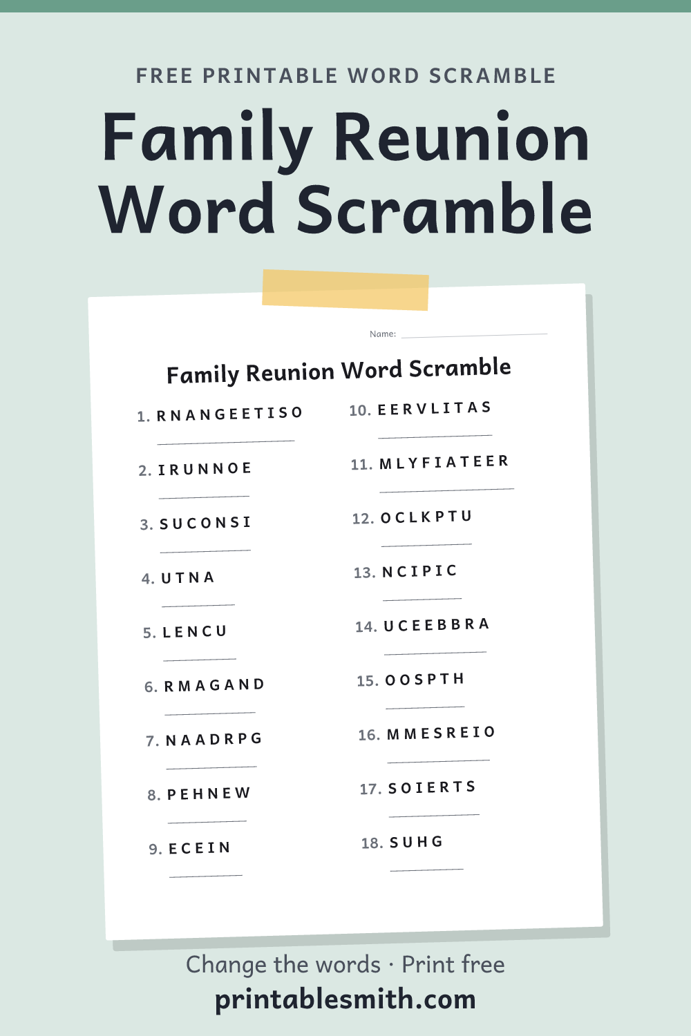 Family Reunion Word Scramble: printable worksheet with 18 scrambled words to solve, from a free word scramble maker