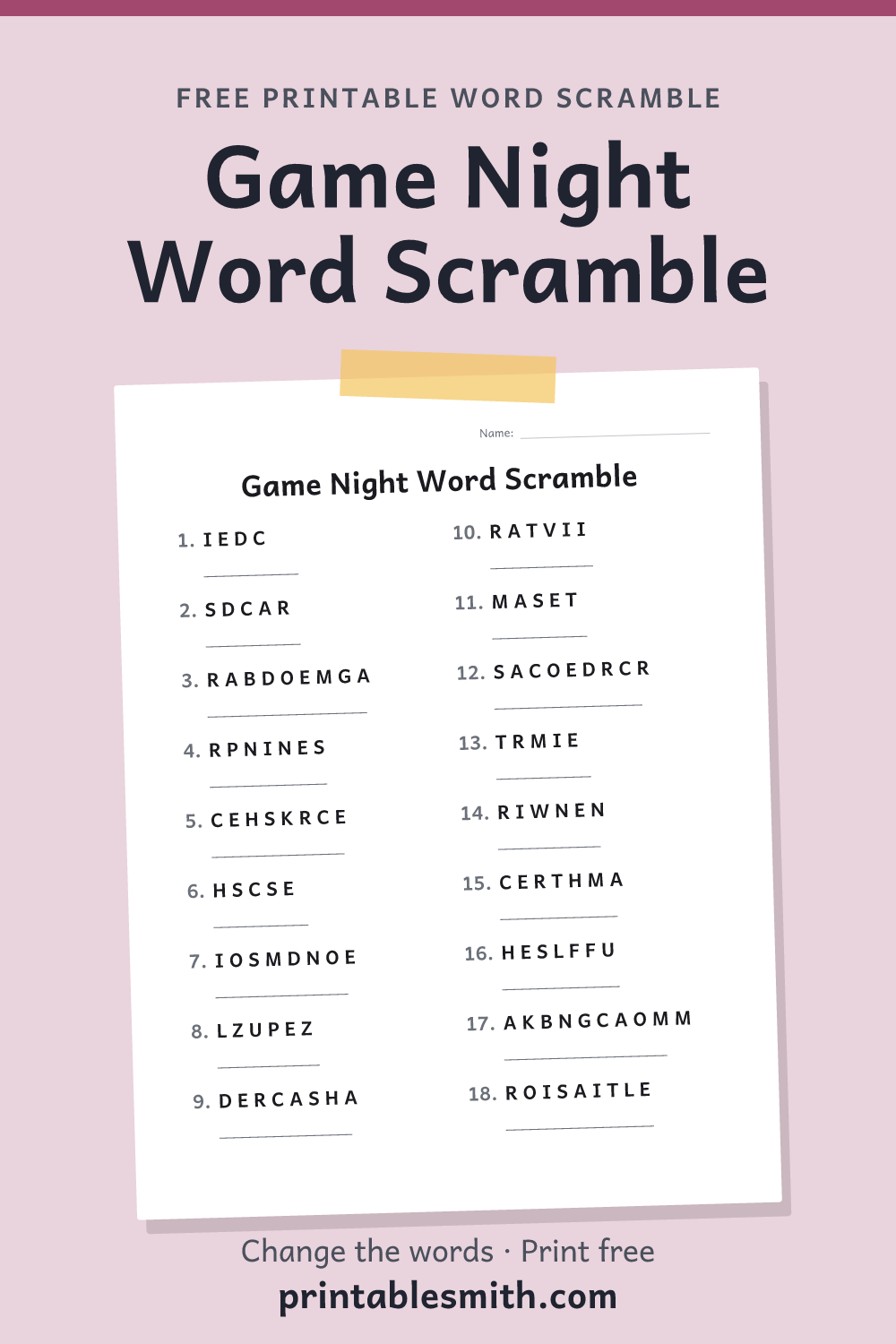 Game Night Word Scramble: printable worksheet with 18 scrambled words to solve, from a free word scramble maker