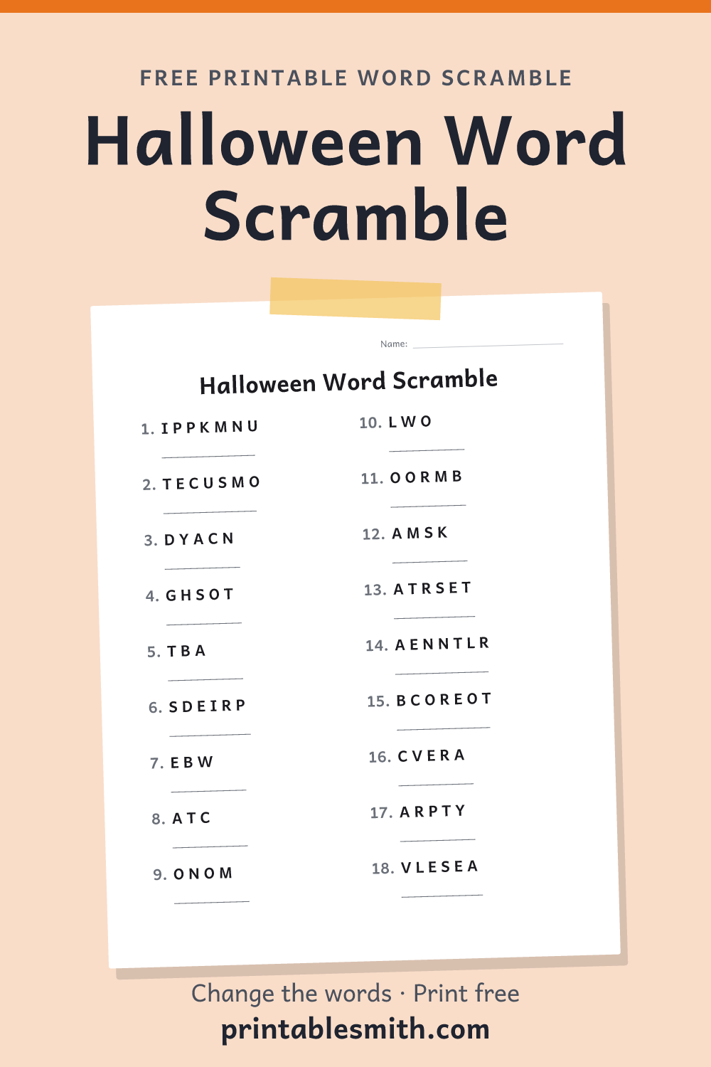 Halloween Word Scramble: printable worksheet with 18 scrambled words to solve, from a free word scramble maker