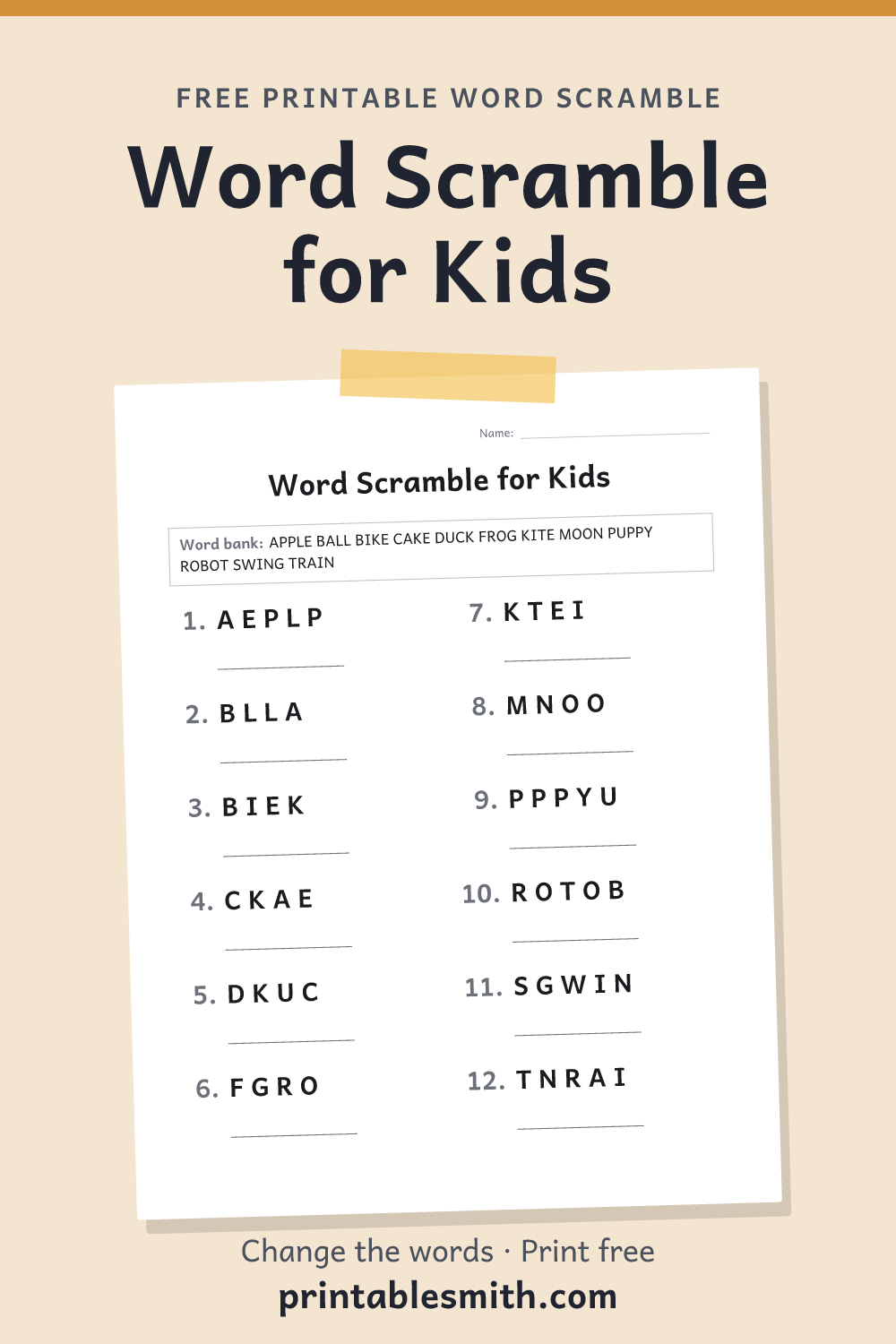 Word Scramble for Kids: printable worksheet with 12 scrambled words to solve, from a free word scramble maker