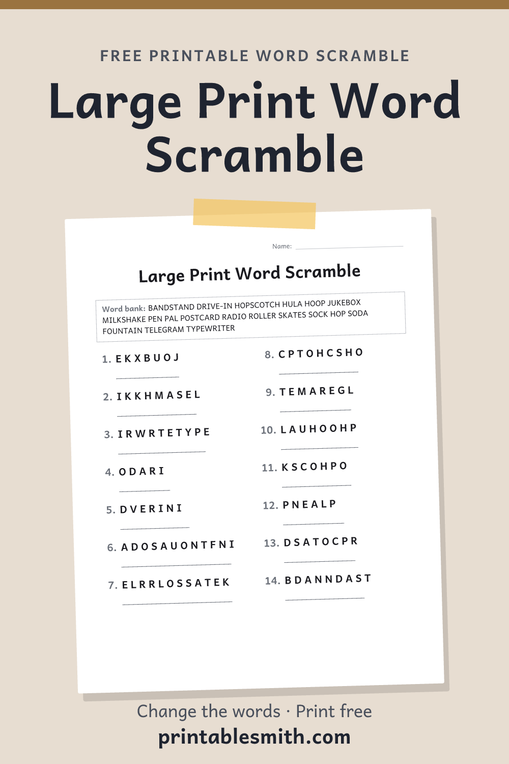 Large Print Word Scramble: printable worksheet with 14 scrambled words to solve, from a free word scramble maker